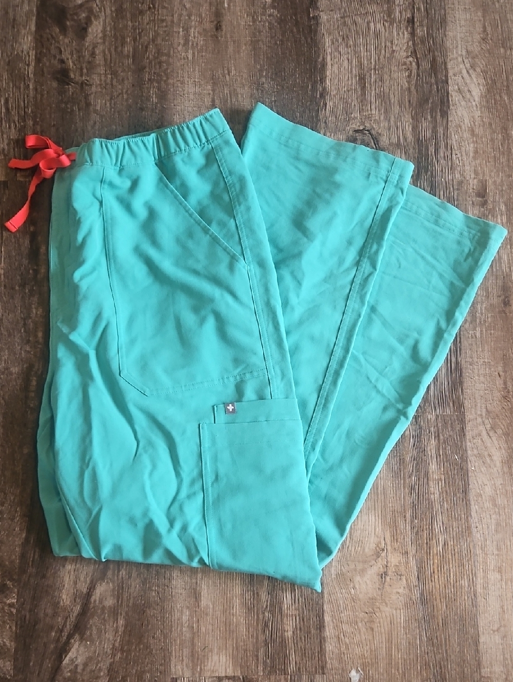 Figs Teal Scrub Pants with Red Drawstring Accent